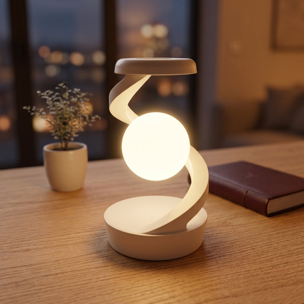 Lumora Gravity Moon Lamp glowing on a warm oak desk in a cozy room