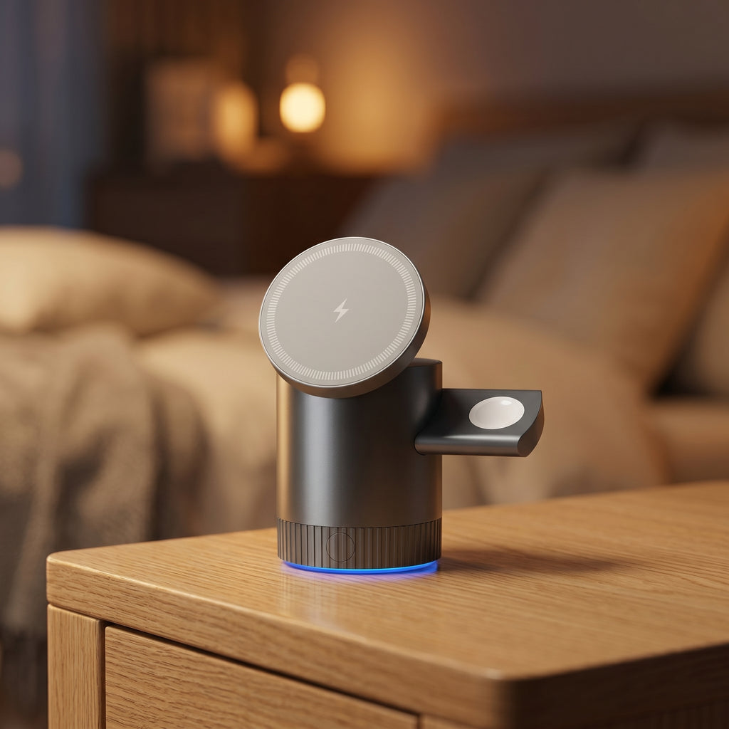 Lumora 3-in-1 Charging Station on a warm oak nightstand in a cozy bedroom