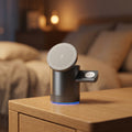 Lumora 3-in-1 Charging Station on a warm oak nightstand in a cozy bedroom