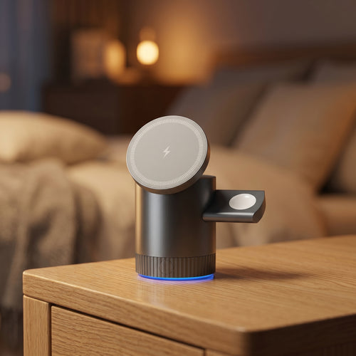 Lumora 3-in-1 Charging Station on a warm oak nightstand in a cozy bedroom