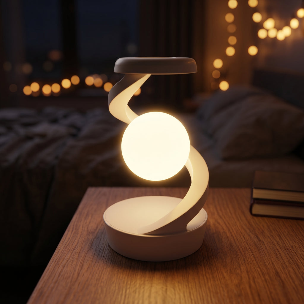 Lumora Gravity Moon Lamp glowing on a bedside table in a dark cozy bedroom