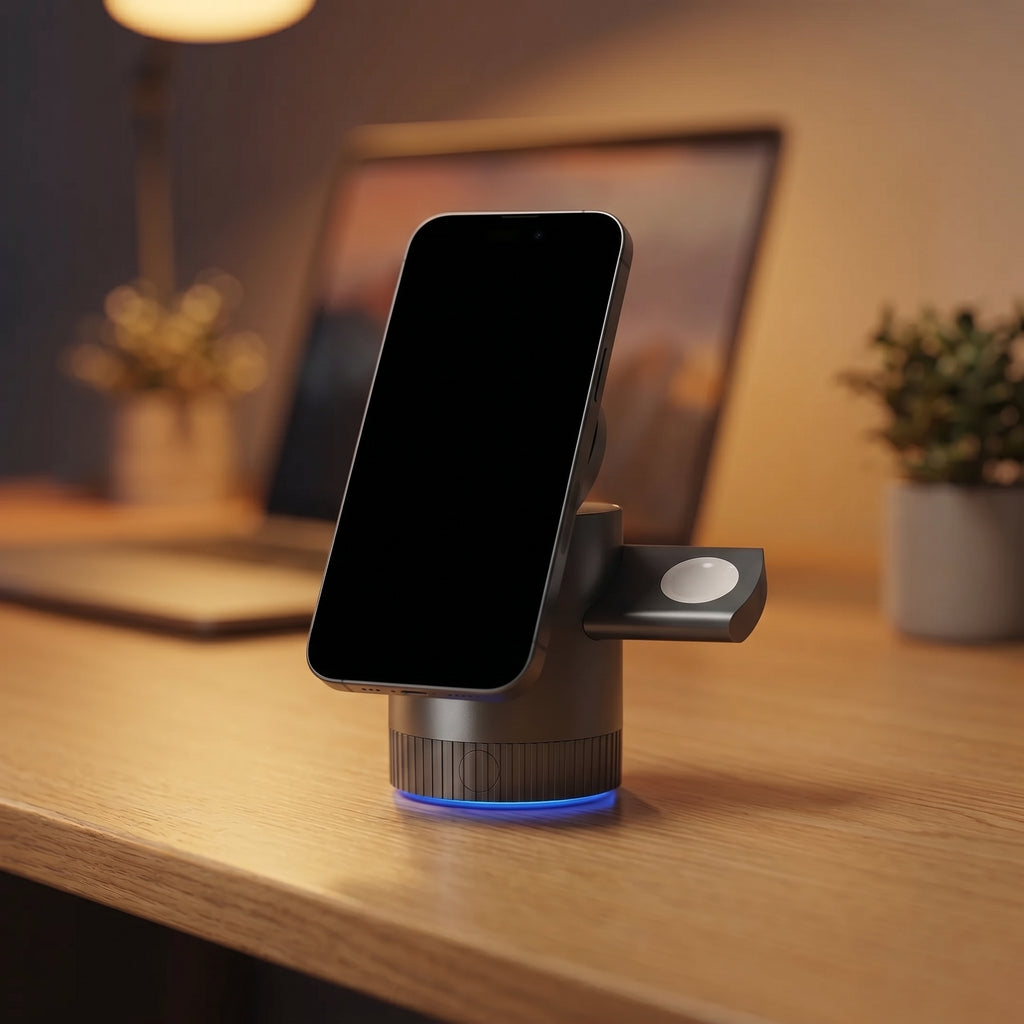Lumora 3-in-1 Charging Station charging a phone on a warm office desk at dusk