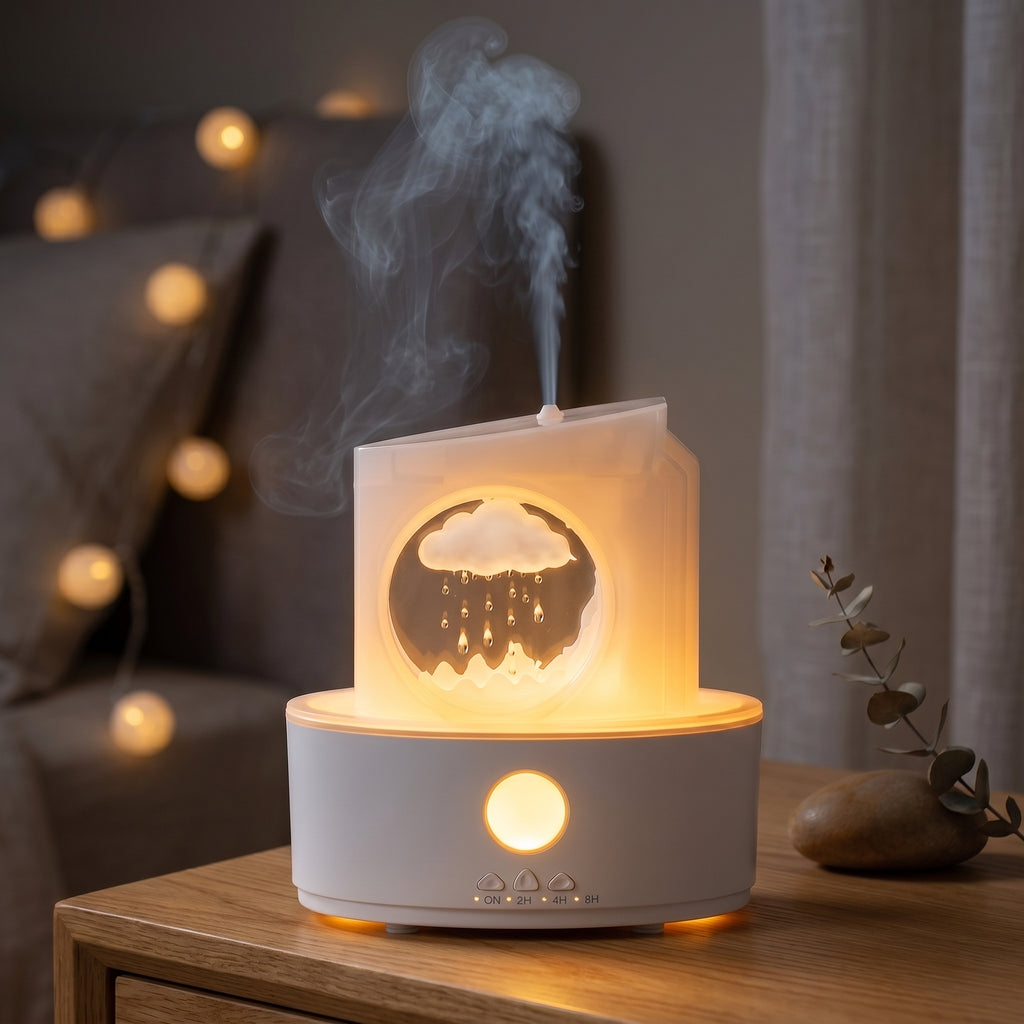 Lumora Rain Cloud Diffuser glowing on a bedside table at night with rising mist